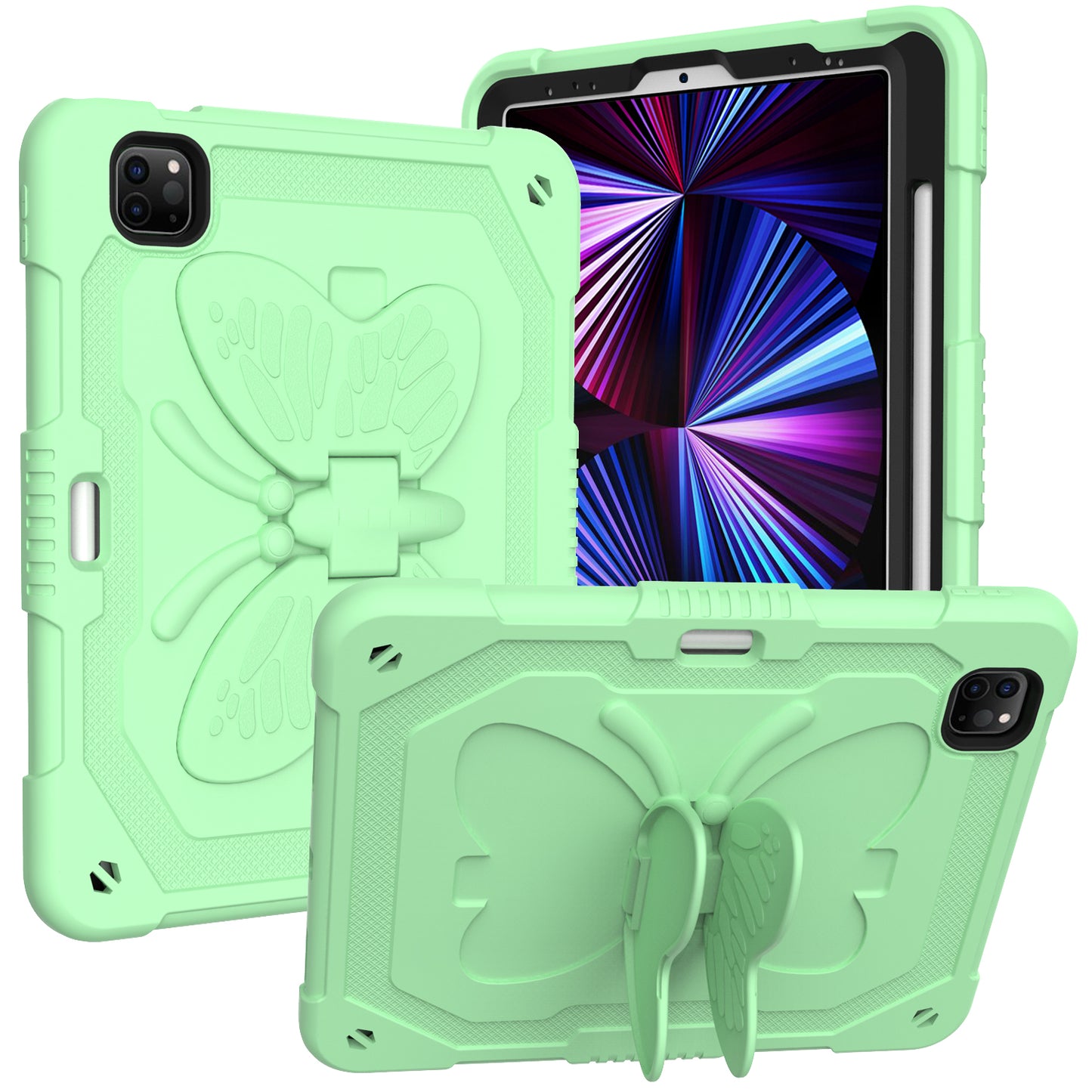 For Butterfly Wings Kickstand 3in1 Tough Hybrid with Pencil Holder Heavy Duty Rugged Shockproof Full Protective Green Tablet Case Cover