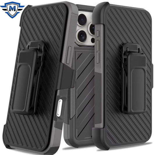 For Apple iPhone 16 Pro (6.3") Premium Design Hybrid lined with Belt Clip Holster Shockproof Rugged Textured 2in1 Non Slip Tough Case Cover Gray