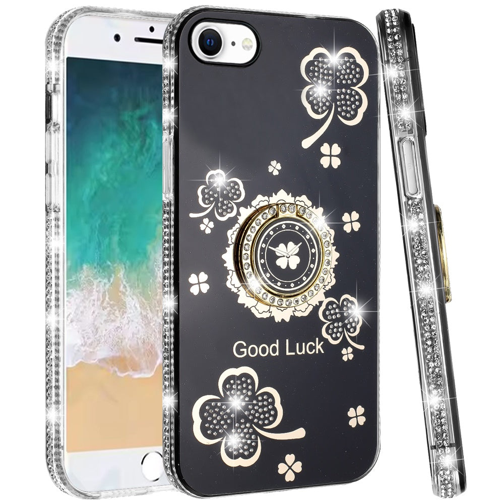 For Apple iPhone 16e Diamonds Bling All Around Edges Sparkly Glitter Hybrid with Ring Stand Holder Fashion Good Luck Case Cover