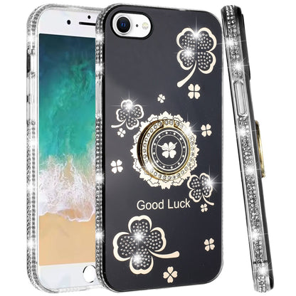 For Apple iPhone 16e Diamonds Bling All Around Edges Sparkly Glitter Hybrid with Ring Stand Holder Fashion Good Luck Case Cover