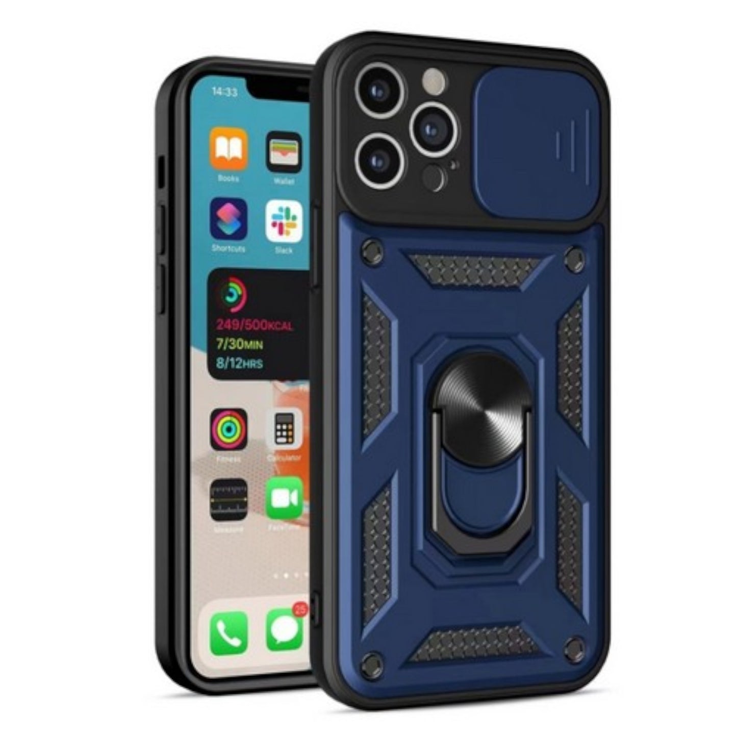 For Gabb Phone 4 Pro Hybrid Shockproof, Built-in Sliding Camera Lens Protection with Magnetic Finger Ring Stand Holder Case Cover Blue