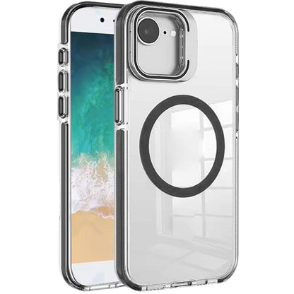 For Apple iPhone 16e (E edition) Built-in Camera Kick-Stand, Compatible with MagSafe, Transparent Colorful Edged Tough Hybrid TPU Case Cover Clear Black