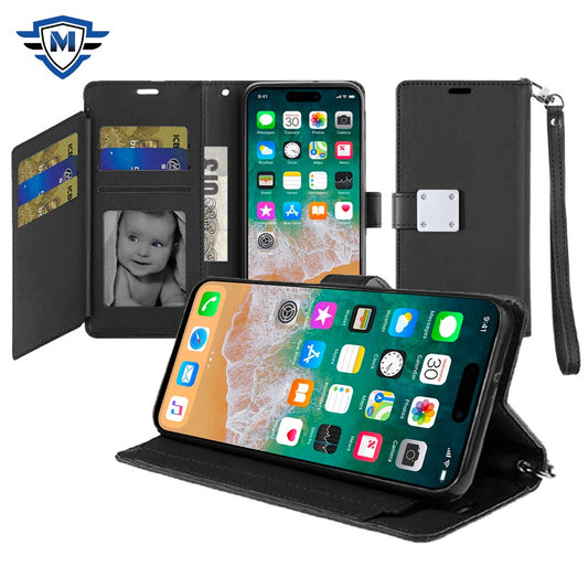 For Samsung Galaxy A16 5G Premium Leather Wallet with Credit Card ID Slots Cash Holder Duo Flip Pouch Stand and Strap Case Cover Black