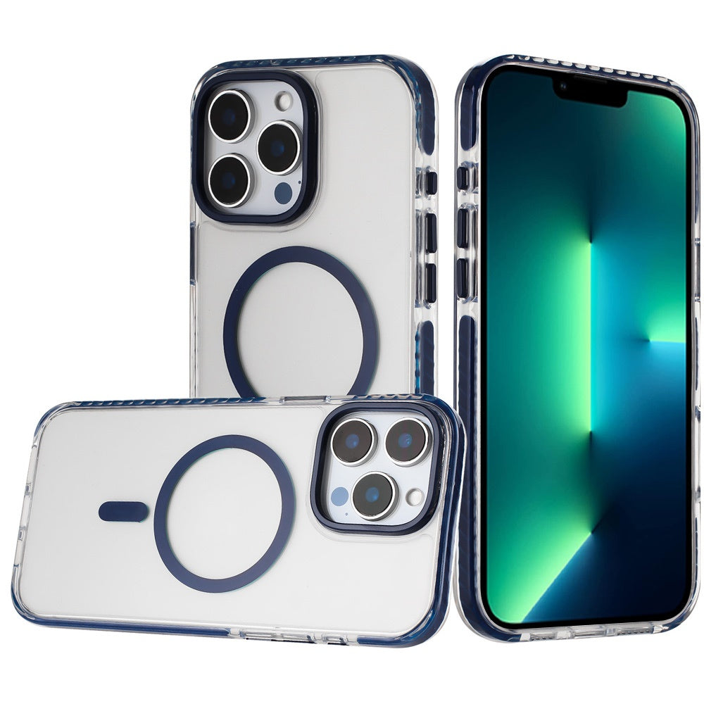 For Apple iPhone 14 /13 Transparent Hybrid with Color-Matched Magnetic Circle, Rubber TPU Frame Hard PC Shockproof Case Cover