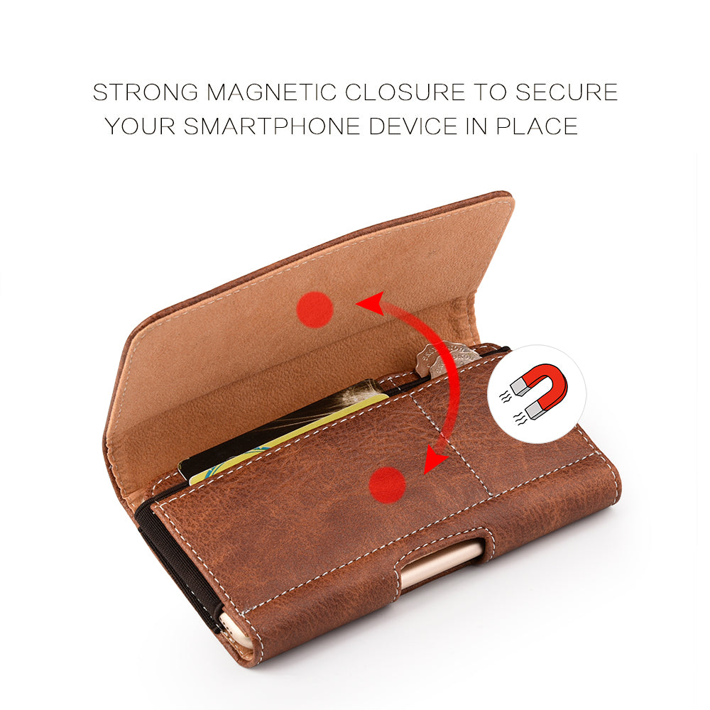 For Apple iPhone 16 (6.1") Universal Horizontal Cell Phone Leather Pouch Holster Carrying Case with Credit Card Slots & Belt Clip Loop Cover [Brown]