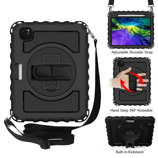 For Hybrid 3in1 Armor Rugged with Built-in Kickstand 360° Rotatable Stand & Shoulder Hand Strap Corner Shockproof Black Tablet Case Cover