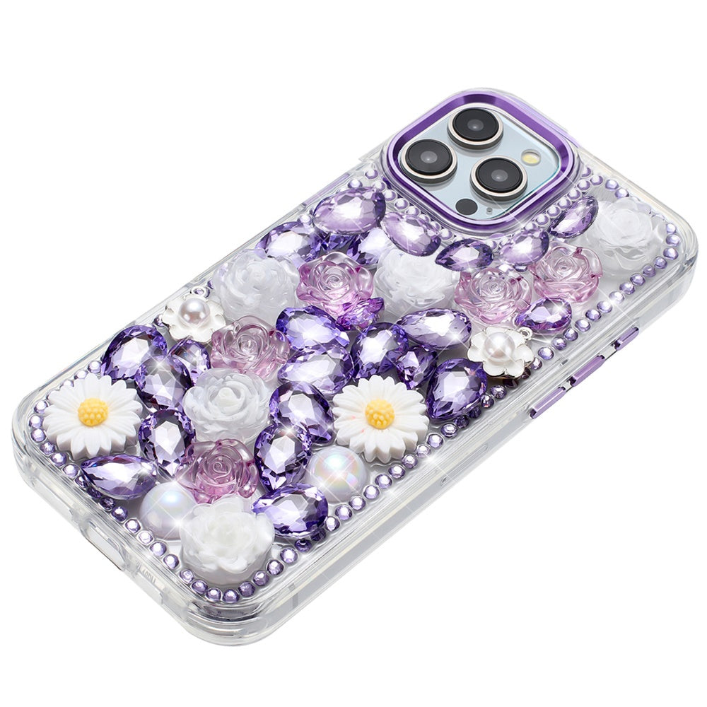 For Apple iPhone 12 Pro Max Fashion Daisy Floral Series, Full 3D Bling Crystal Diamonds Sparkling Rhinestone Glitter Hybrid Design Case Cover