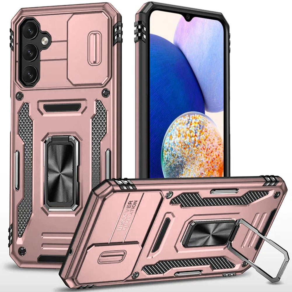 For Apple iPhone 16e Tough Hybrid Case with Movable Camera Window & Metal Ring Stand Shockproof Case Cover Rose gold