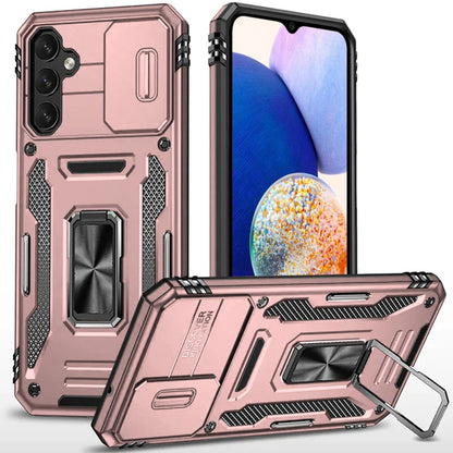For Apple iPhone 16e Tough Hybrid Case with Movable Camera Window & Metal Ring Stand Shockproof Case Cover Rose gold