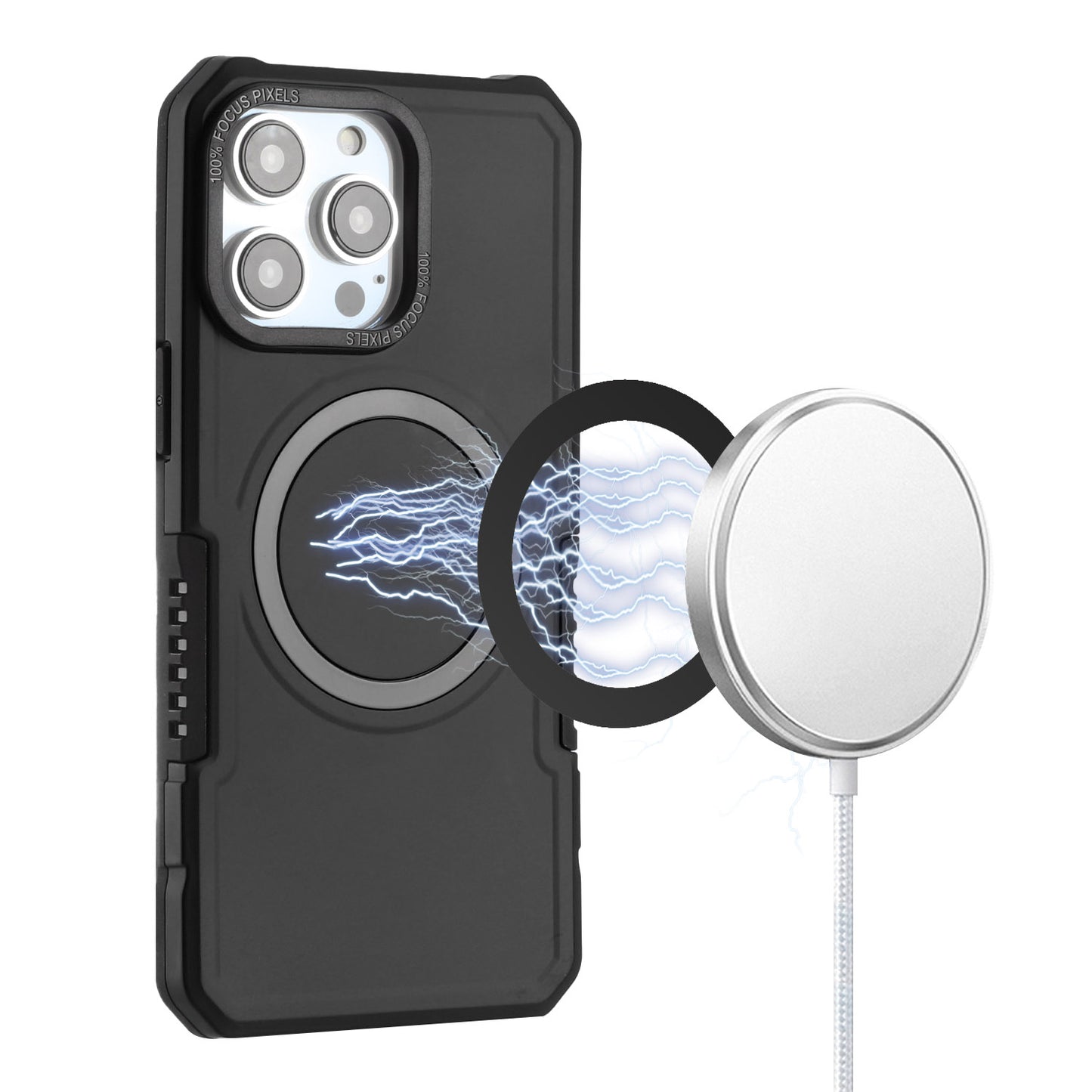 For Apple iPhone 16 (6.1") Hybrid Armor Grip Metal Ring Compatible with MagSafe [Magnetic Circle] Wireless Charging Shockproof Case Cover