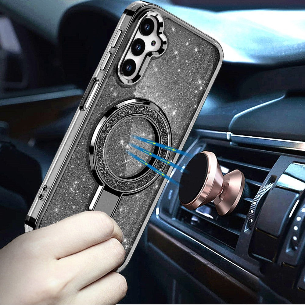 For Samsung Galaxy S25 Fan Edition /Galaxy S25 FE Transparent Glitter Bling Case with Rotating Magnetic Ring Stand, Shockproof Hybrid Case Cover Black