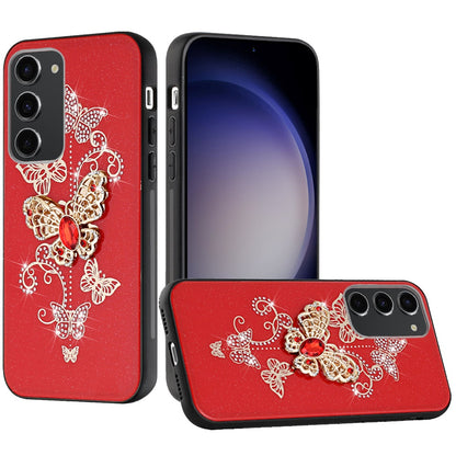 For Apple iPhone 16e Diamonds 3D Butterfly Bling Sparkly Glitter Ornaments Engraving Hybrid Metal Fashion Case Cover Red Garden Butterflies