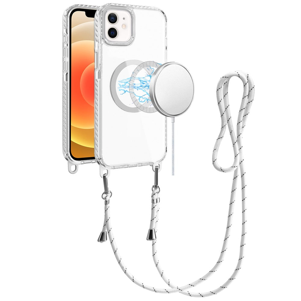 For Apple iPhone 14 /13 Clear Magnetic Frame PC Back Shockproof Protective Case with Detachable Lanyard Strap, Compatible with MagSafe Case Cover