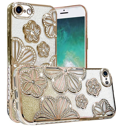 For Samsung Galaxy A16 Luxury Flower Design Sparkle Glitter Diamond Rhinestone Shimmer Bling Plating Thick TPU Hard PC Case Cover Flower Gold