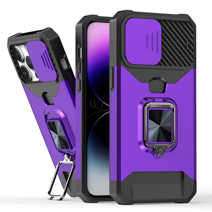 For Apple iPhone 16e Wallet Case with Ring Stand & Slide Camera Cover Back Credit Card Slot Holder, Military Grade Case Cover Purple