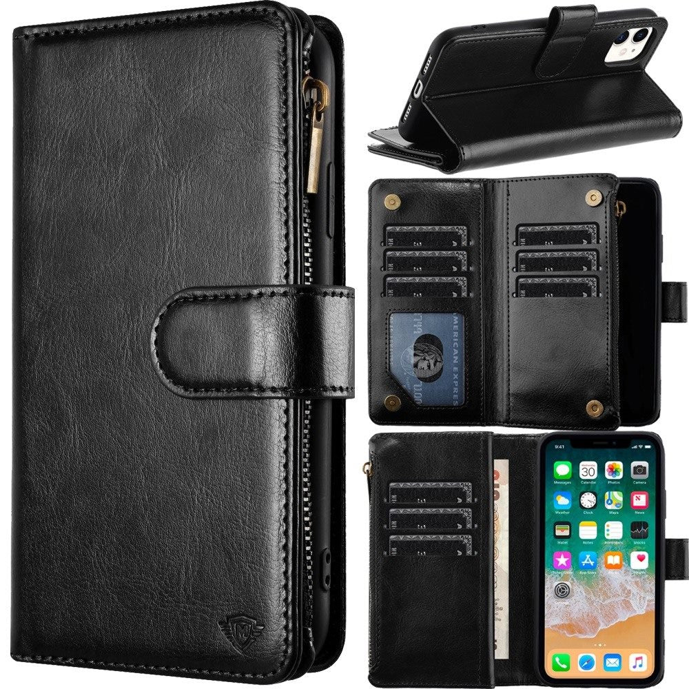 For Apple iPhone 16 Pro (6.3") Premium Leather Zipper Wallet with Credit Card Slots Money Pocket Luxury Clutch Pouch Stand & Strap Case Cover Black
