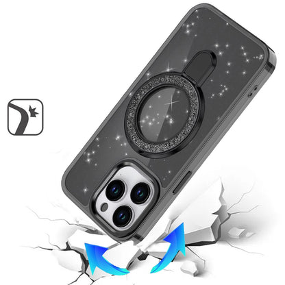 For Samsung Galaxy S25 Fan Edition /Galaxy S25 FE Transparent Glitter Bling Case with Rotating Magnetic Ring Stand, Shockproof Hybrid Case Cover Black