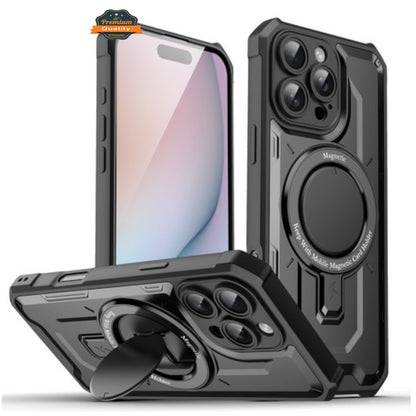 For Apple iPhone 16 Pro (6.3") Hybrid Tuff Case with Folding Stand Magnetic Holder Compatible with MagSafe [Military Shockproof] Case Cover