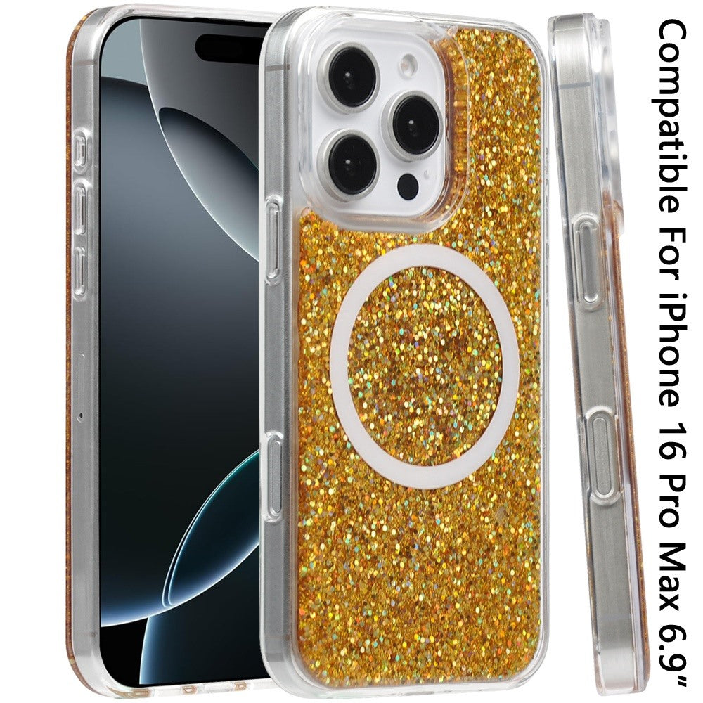 For Apple iPhone 16 Pro Max (6.9") Transparent Epoxy Glitter Magnetic Circle Compatible with MagSafe Hybrid Bling Sparkle Hard PC Slim TPU Case Cover