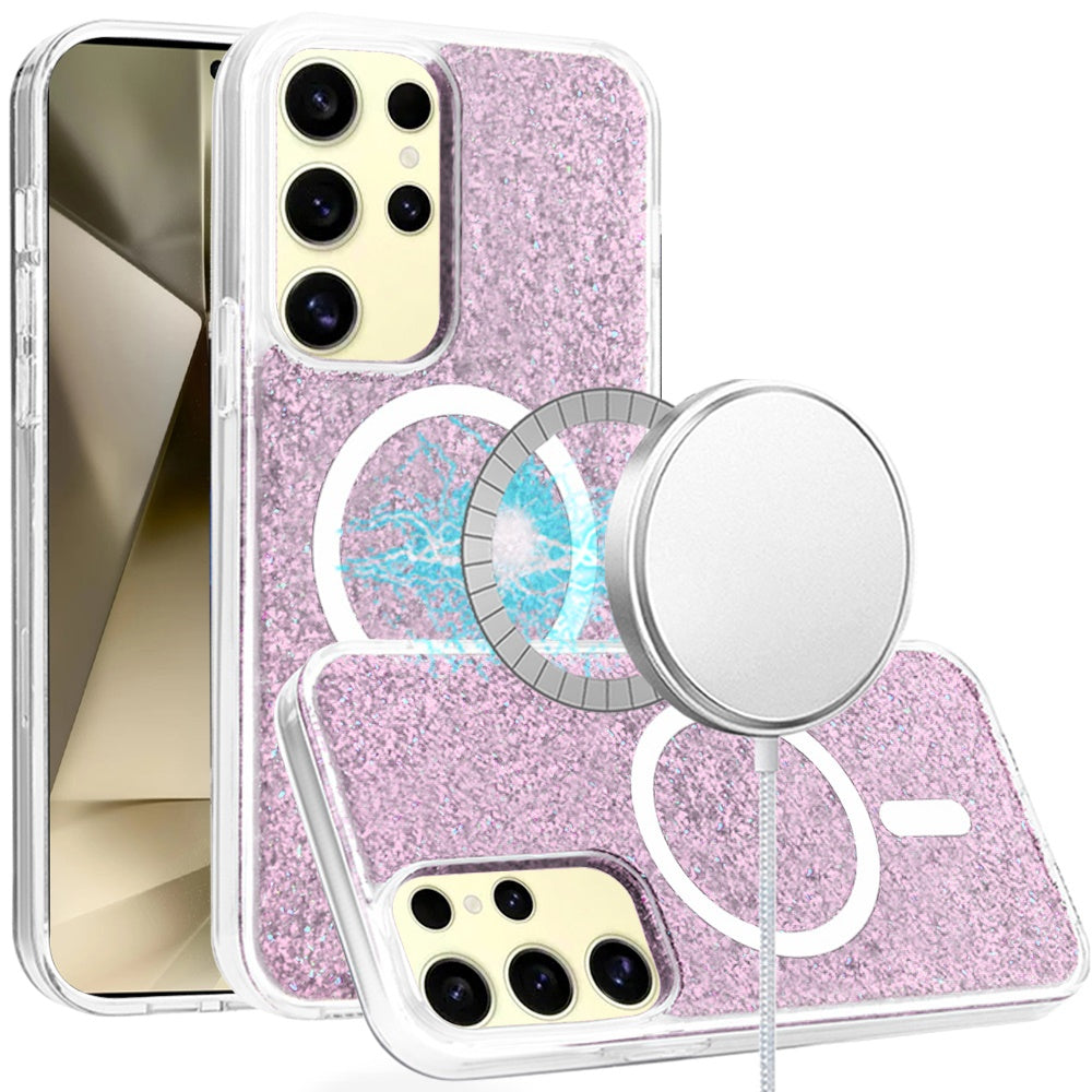 For Samsung Galaxy S25+ /S25 Plus /S24+ Plus Hybrid Epoxy Glitter Shiny Flower Design Stylish Fashion Case, Magnetic MagSafe Compatible, Shockproof Case Cover