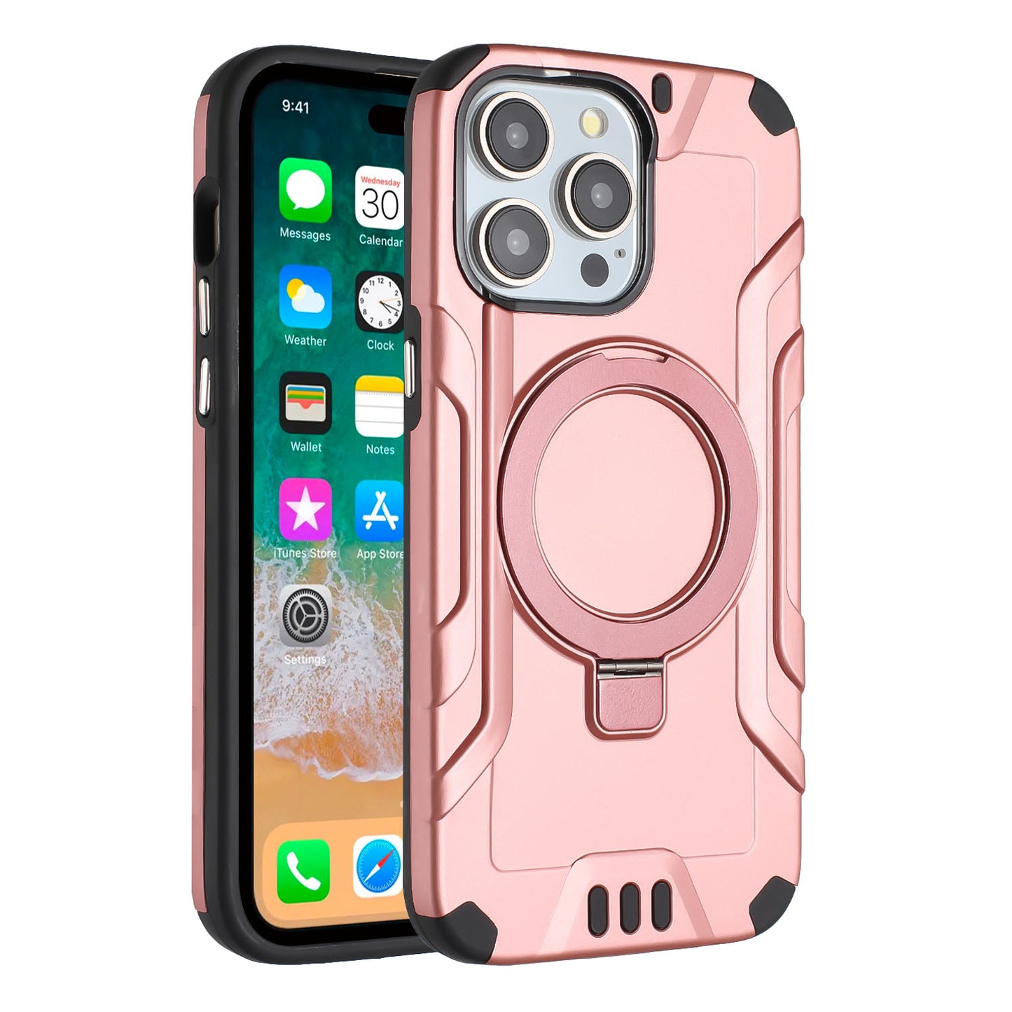 For Apple iPhone 15 /6.1" Brushed Armor Rugged Hybrid with Invisible Magnetic Circle Kickstand Shockproof Hard PC Protective Case Cover -