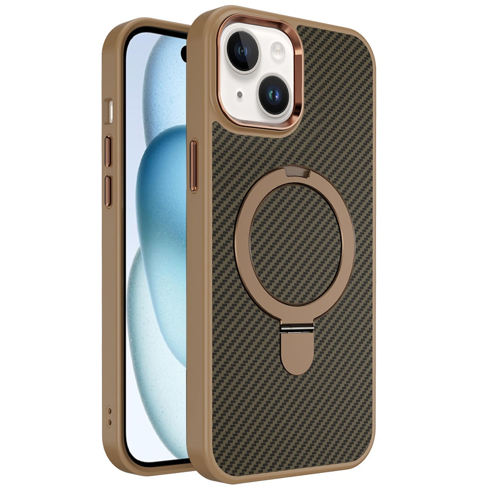 For Apple iPhone 15 Hybrid Carbon Fiber Design with MagSafe Compatible [Magnetic Circle], Ring Stand Shockproof Slim TPU Case Cover