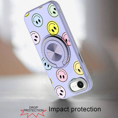 For Apple iPhone 16e Pattern Design Hybrid with Invisible Ring Stand & Magnetic Back, Shockproof Protective Grip Case Cover Emoji Smile Face