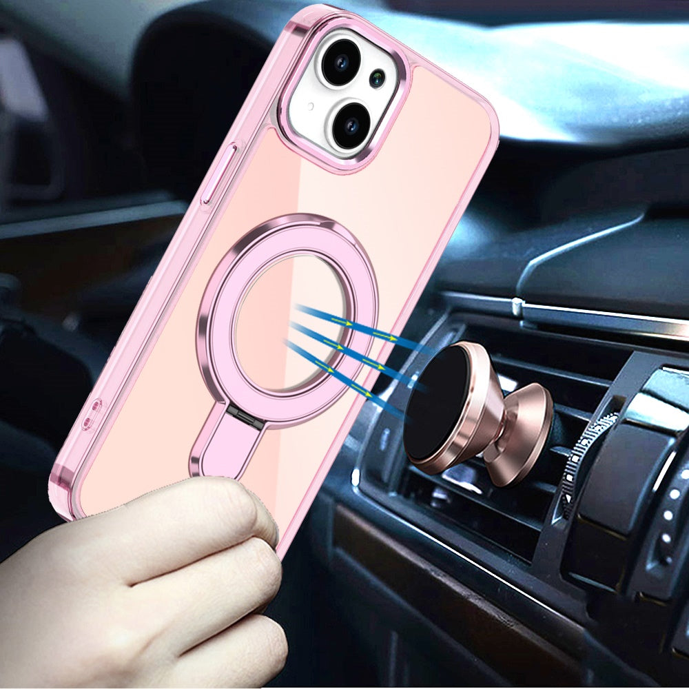 For Apple iPhone 15 Plus /14 Plus Chrome Hybrid with Rotating Magnetic Circle Ring Stand, Slim Shockproof Hybrid Case Cover