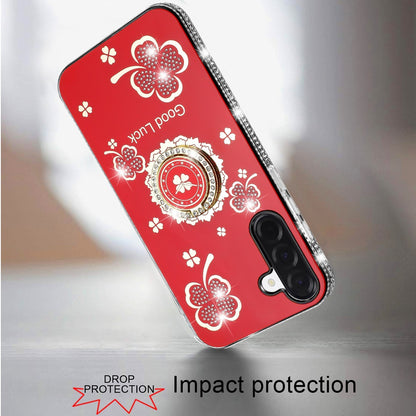 For Samsung Galaxy S25 Fan Edition /Galaxy S25 FE Diamonds Bling All Around Edges Sparkly Glitter Hybrid with Ring Stand Holder Fashion Good Luck Case Cover Red