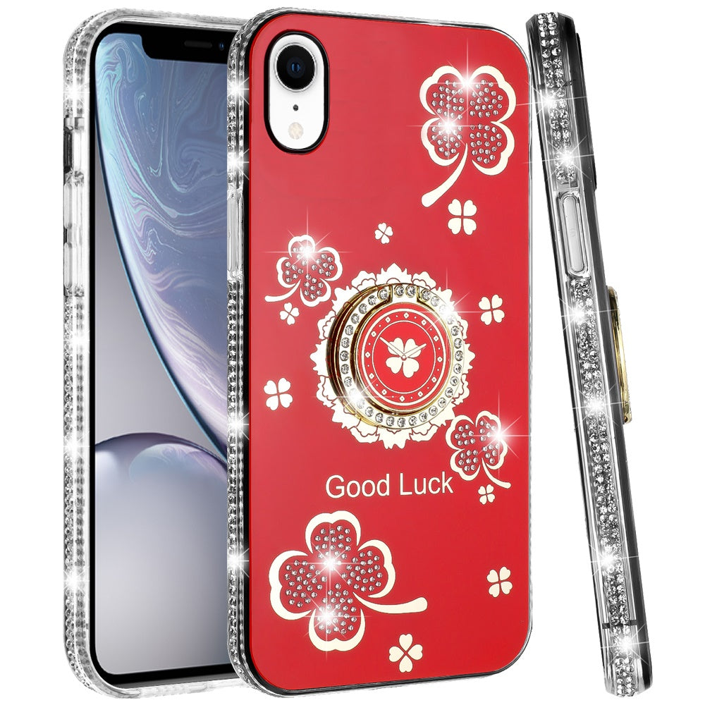 For Apple iPhone XR Diamonds Bling All Around Edges Sparkly Glitter Hybrid Ring Stand Holder Fashion Good Luck Case Cover