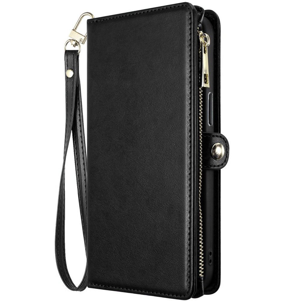 For Apple iPhone SE 4 Wallet Purse Stylish Design with Credit Card & ID Slots, Durable Zipper Storage, Adjustable Lanyard Case Cover Black