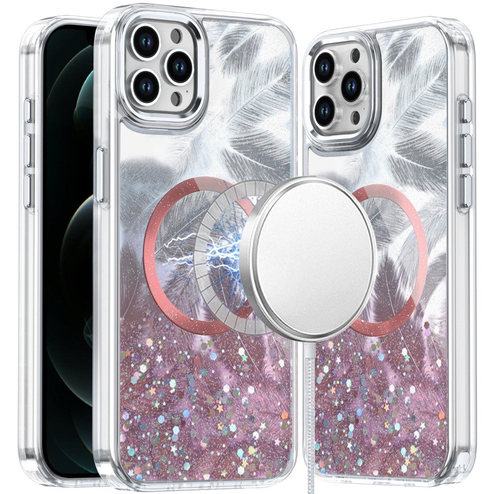 For Apple iPhone 15 Pro Max Epoxy Glitter Shimmer Fashion Case with Magnetic Magsafe Compatible Hybrid Sparkling Slim Protective Case Cover Light Pink