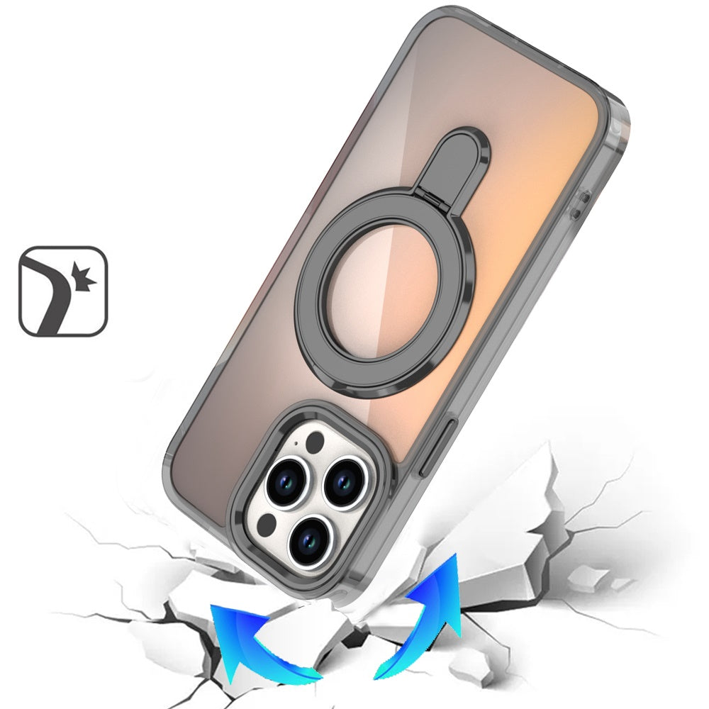 For Samsung Galaxy S25 Fan Edition /Galaxy S25 FE Chrome Hybrid with Rotating Magnetic Circle Ring Stand, Slim Shockproof Hybrid Case Cover Black