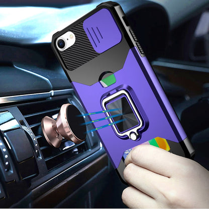 For Apple iPhone 16e Wallet Case with Ring Stand & Slide Camera Cover Back Credit Card Slot Holder, Military Grade Case Cover Purple