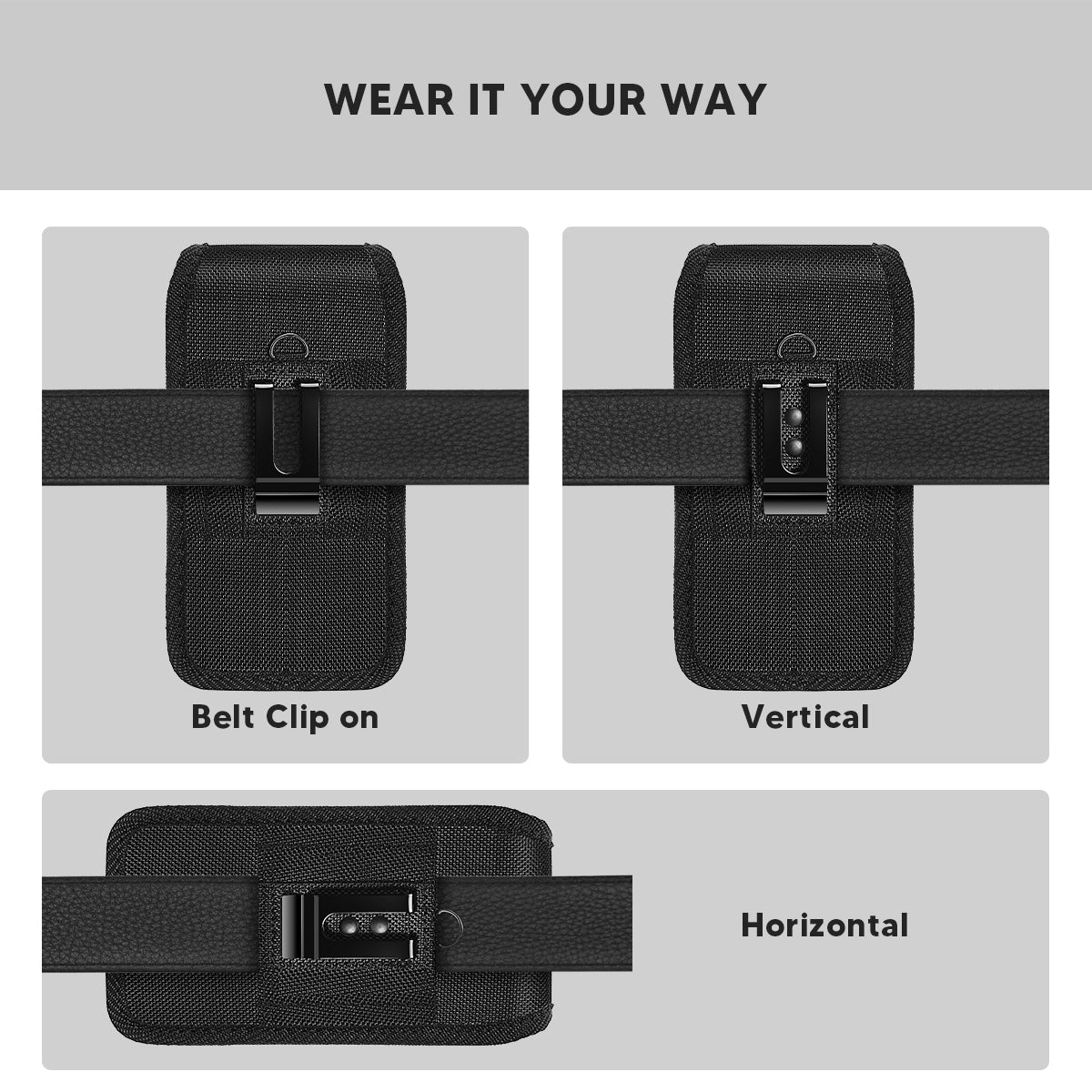For Apple iPhone 16 Pro (6.3") Vertical Double Phone Cover Universal Nylon Canvas Holster Pouch Pocket For 2 Phone with Credit Card Slot with Belt Clip Hook and Loop fit XL Device Size 6.3" [Black]