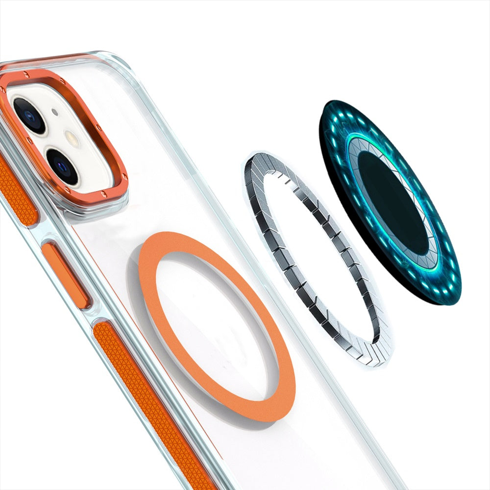 For Apple iPhone 16 Plus (6.7") Transparent back with Colorful Frame Strong Magnetic Circle [Compatible with Magsafe] Shockproof Case Cover Clear Orange