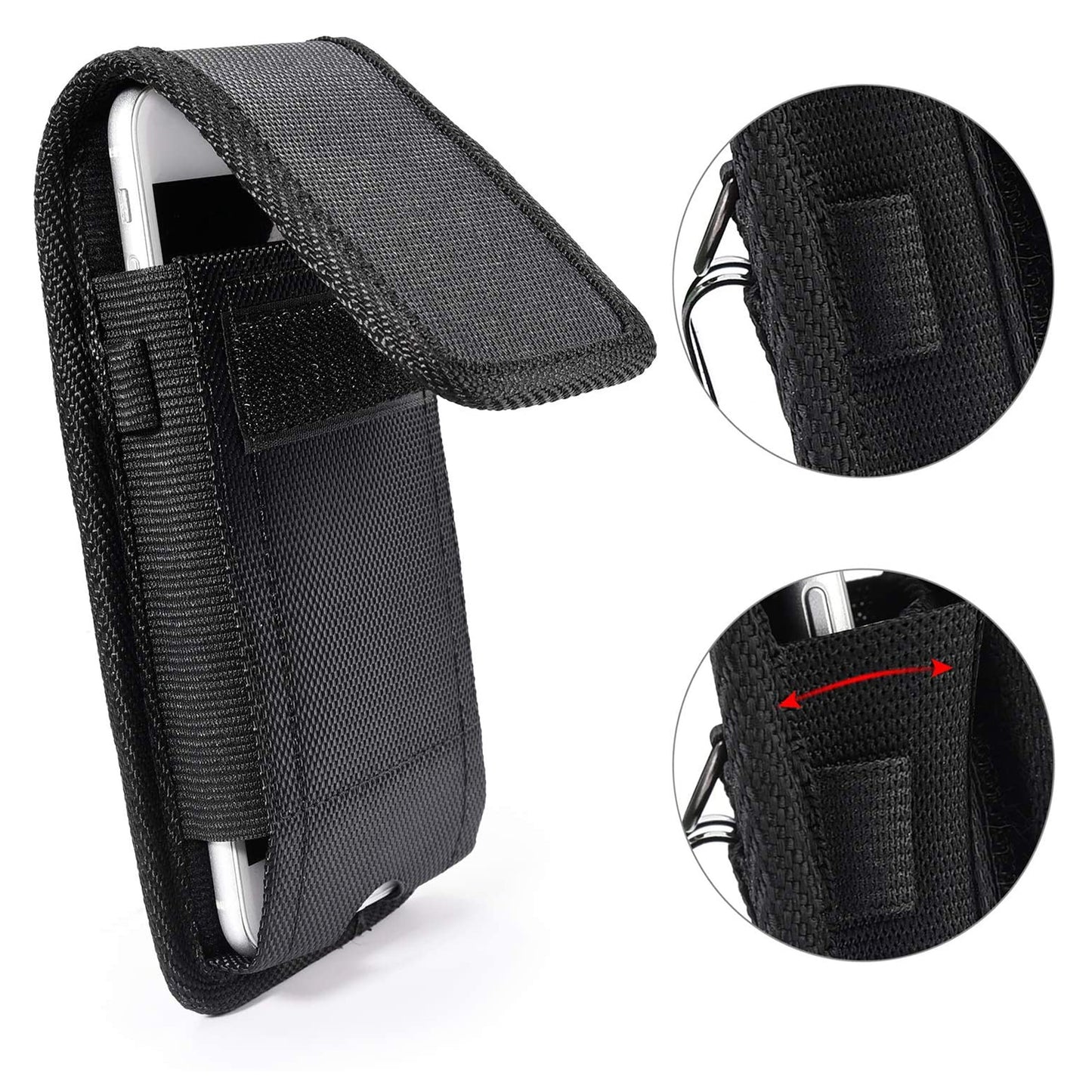 For Apple iPhone 16 (6.1") Nylon Canvas Fabric Waist Belt Holster Vertical Pouch Holds Large Phone Works with Thick Cases Universal Cover [Black]