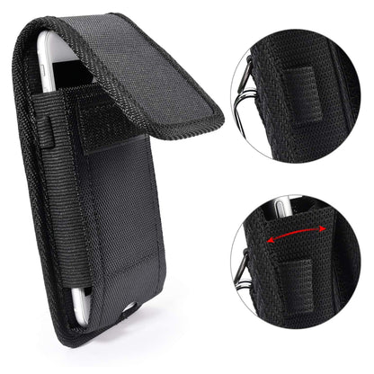 For Apple iPhone 16 (6.1") Nylon Canvas Fabric Waist Belt Holster Vertical Pouch Holds Large Phone Works with Thick Cases Universal Cover [Black]
