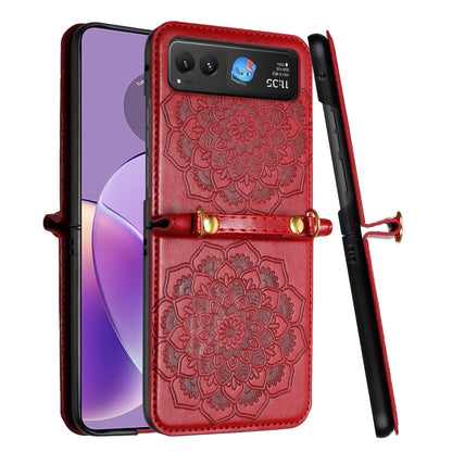 For Motorola Razr Ultra 2025 Embossed Floral PU Leather Henna Mandala Design Flip Cover with Strap, Hybrid Protective Case Cover