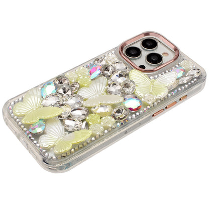 For Apple iPhone 14 Pro Max 3D Diamond Floral Butterfly Bling Stone Hybrid, Sparkly Rhinestone Gemstone Back Shockproof Case Cover