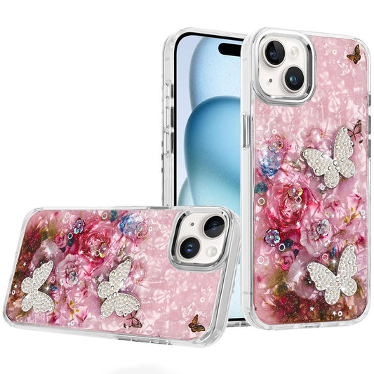 For Apple iPhone 15 Plus /14 Plus Epoxy Glitter Flowers Bling 3D Butterfly Fashion TPU Hybrid with Shockproof Protection Case Cover