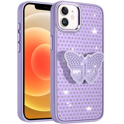 For Apple iPhone 16 (6.1") Butterfly Moveable Grip 3D Pop Stand Full Diamond Bling Sparkling TPU Fashion Hybrid Case Cover