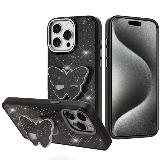 For Apple iPhone 14 Pro Max Butterfly Moveable Grip 3D Pop Stand Full Diamond Bling Sparkling TPU Fashion Hybrid Case Cover