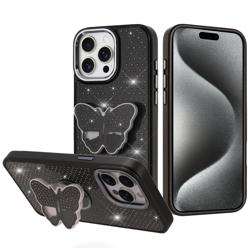 For Apple iPhone 15 Pro Max Butterfly Moveable Grip 3D Pop Stand Full Diamond Bling Sparkling TPU Fashion Hybrid Case Cover