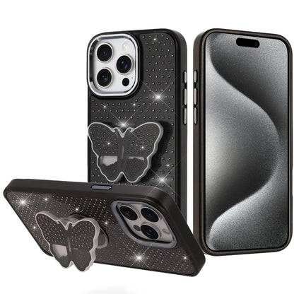 For Apple iPhone 15 Pro Max Butterfly Moveable Grip 3D Pop Stand Full Diamond Bling Sparkling TPU Fashion Hybrid Case Cover