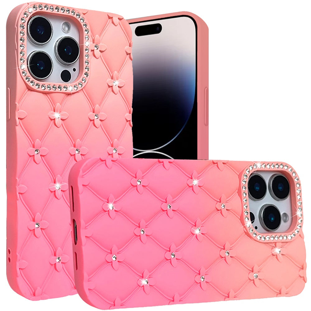 For Apple iPhone 15 Pro Max (6.7") Fashion Flower Design Sparkle Glitter Shimmer Rhinestone Bling Leather Feel Thick TPU Rubber Hard PC Case Cover