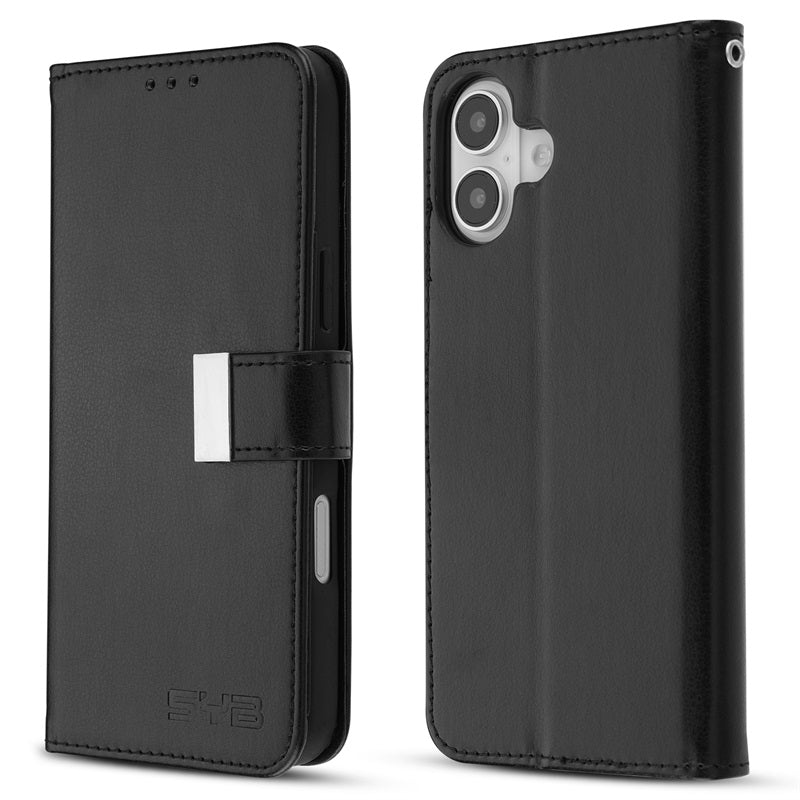 For Leather Wallet Folio Case with Credit Card Slots Pouch Cover for Apple iPhone 16 - Black Case Cover Black