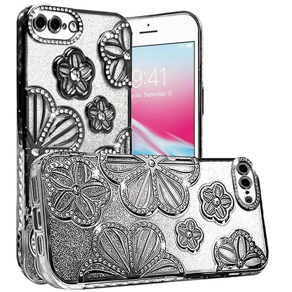 For Apple iPhone SE 3 (2022) SE/8/7 Luxury Floral Design Sparkle Glitter Diamond Crystal Rhinestone Shimmer Bling Plating Thick TPU Hard PC Case Cover