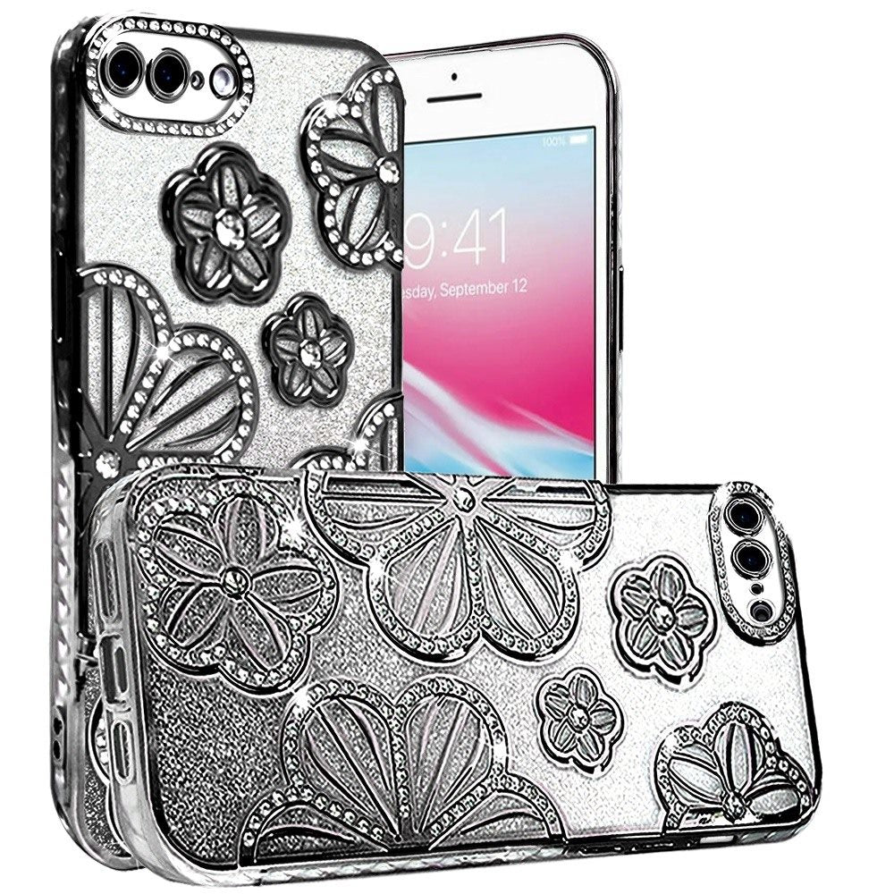 For Apple iPhone 8 Plus/7 Plus Luxury Floral Design Sparkle Glitter Diamond Crystal Rhinestone Shimmer Bling Plating Thick TPU Hard PC Case Cover