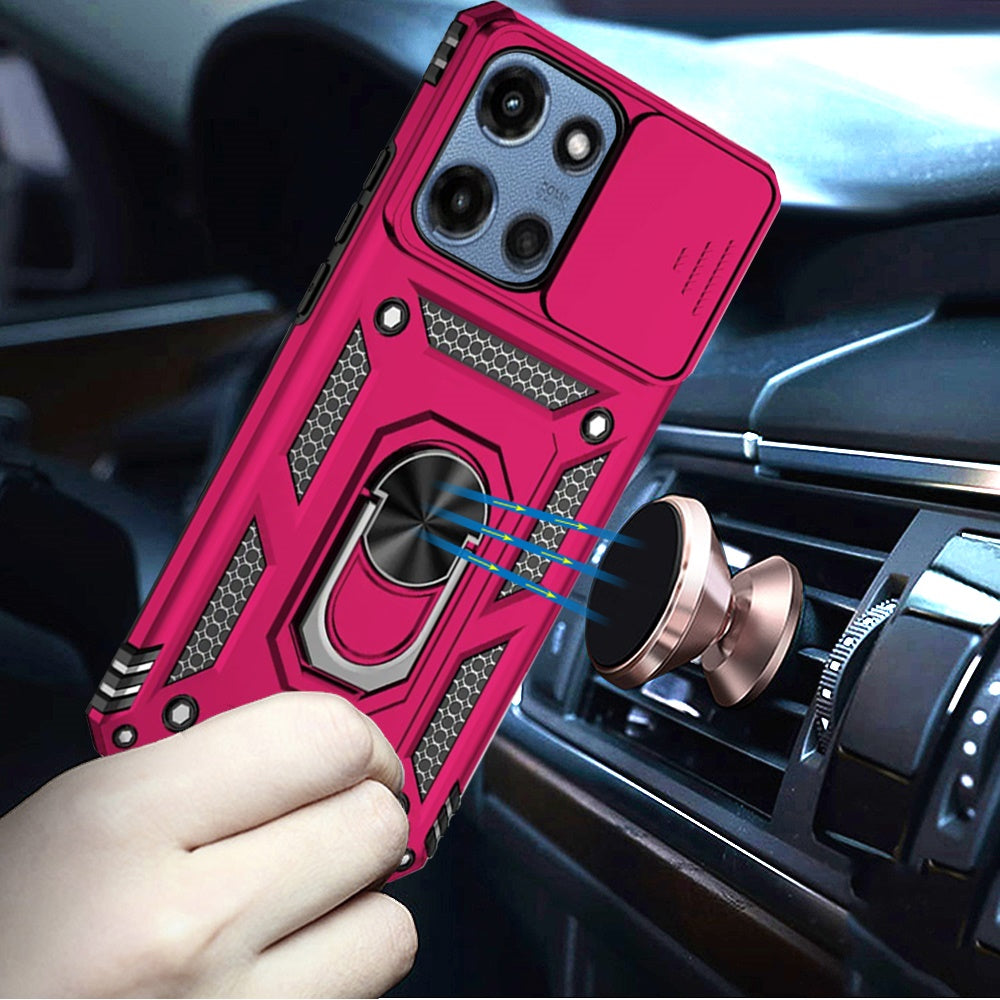 For Motorola Moto G 5G 2025 Hybrid Ring Shockproof with 360° Rotate Ring Kickstand, Camera Lens Protection, Soft Edge Bumper Case Cover Hot Pink